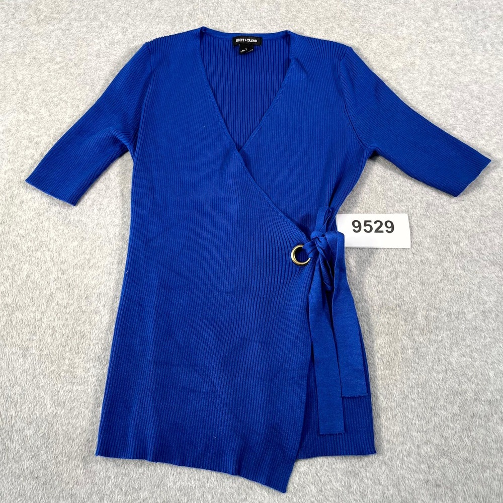 Select + Trend Wrap Top Womens Large Blue Ribbed Rayon V Neck Side Tie Casual